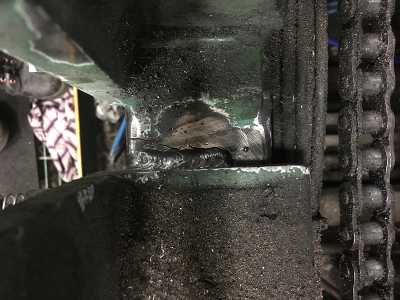 3" square tubing cracked on 3 sides. I had to hunt down the ends of the cracks, and drill holes to stop the crack from spreading, then gouge and weld.